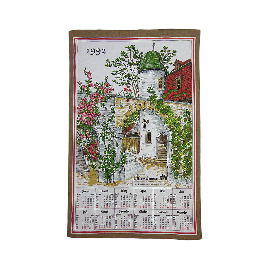 1992年 お洒落な建物 ヴィンテージ ファブリック カレンダー 雑貨 タペストリー 布