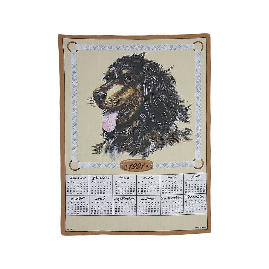 1991年 犬 ヴィンテージ ファブリック カレンダー 雑貨 タペストリー 布 フランス