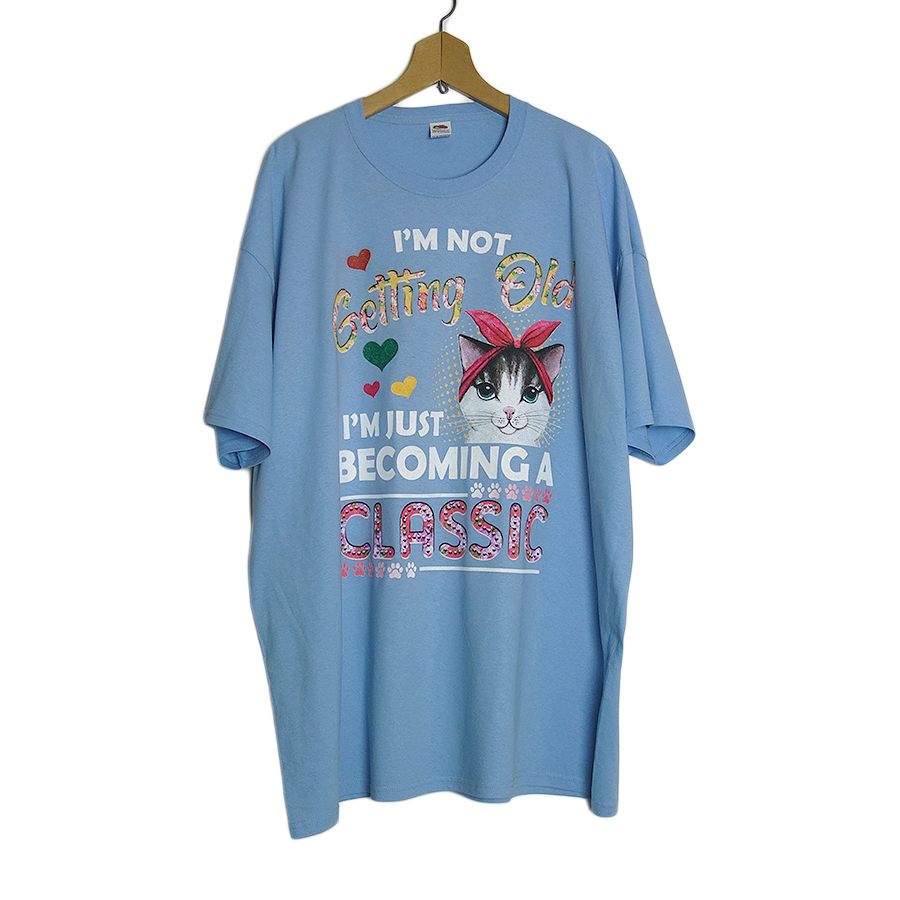 新品 FRUIT OF THE LOOM 猫 プリントTシャツ ライトブルー色 大きいサイズ