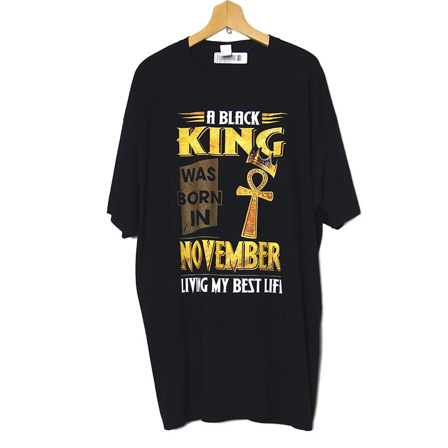 新品 FRUIT OF THE LOOM プリントTシャツ 黒色 エジプト十字に王冠 KING