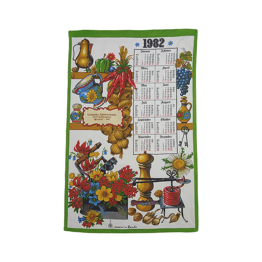 1982年 食材 花 ヴィンテージ ファブリック カレンダー 雑貨 タペストリー 布