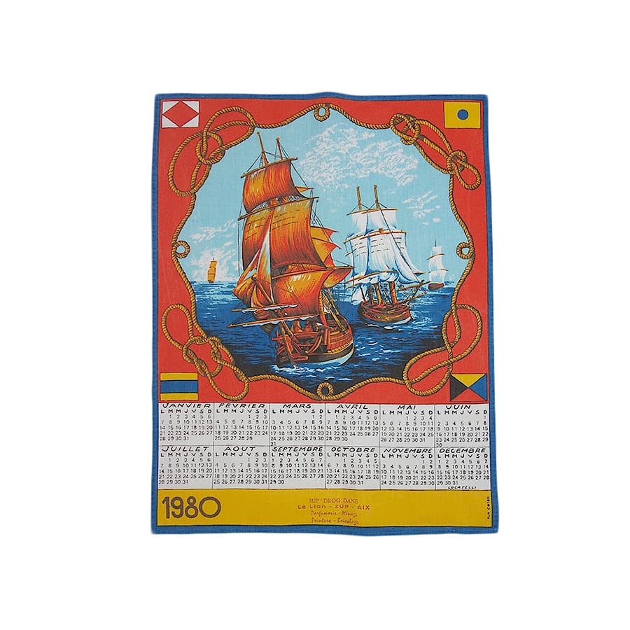 1980年 船 ヴィンテージ ファブリック カレンダー 雑貨 タペストリー 布