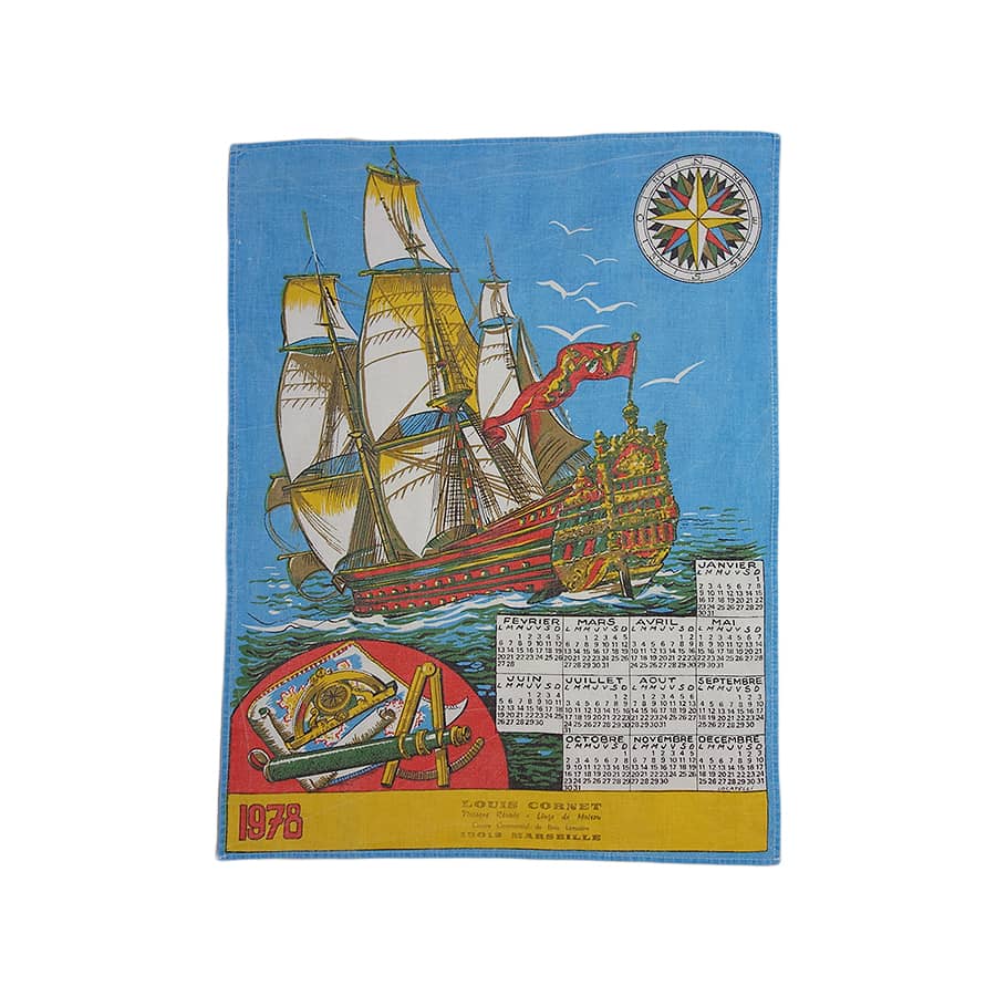 1978年 船 ビンテージ ファブリック カレンダー 雑貨 タペストリー 布