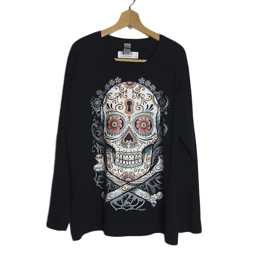 新品 GILDAN ロングスリーブ スカル プリントTシャツ レディース大きいサイズ