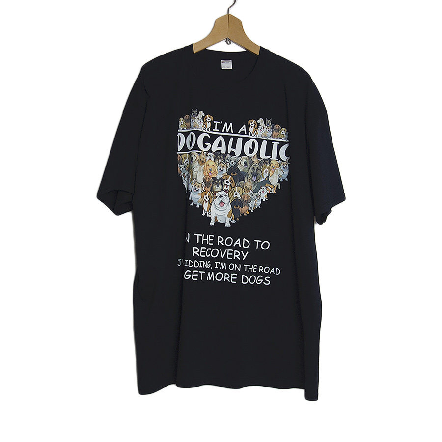 新品 FRUIT OF THE LOOM  可愛い犬 ハート アニマルプリントTシャツ 黒色 2XL