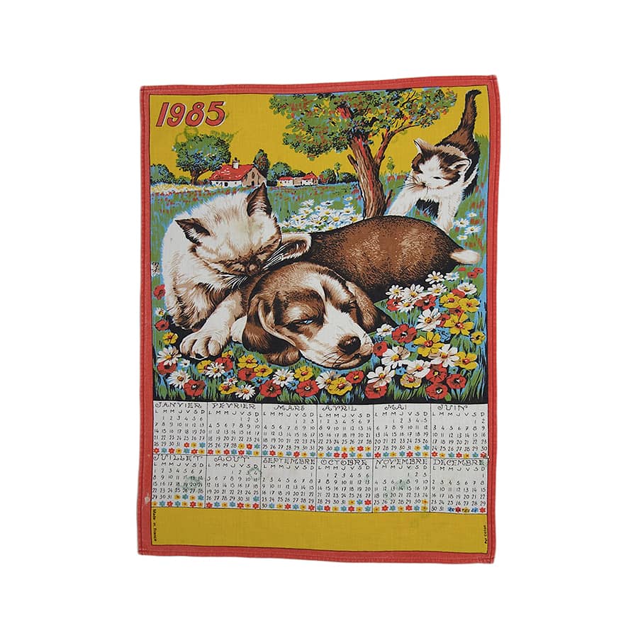 1985年 犬猫 ヴィンテージ ファブリック カレンダー 雑貨 タペストリー 布 アンティーク