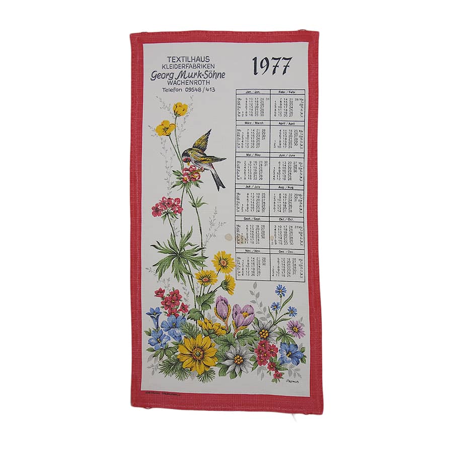 1977年 鳥 花 ヴィンテージ ファブリック カレンダー 雑貨 タペストリー 布