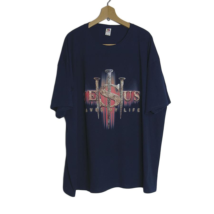 新品 FRUIT OF THE ジーザス プリントTシャツ 紺色 大きいサイズ JESUS 杭