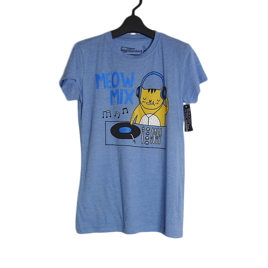 猫のDJ レディース プリントTシャツ デッドストック 新品 New Standard 水色 L