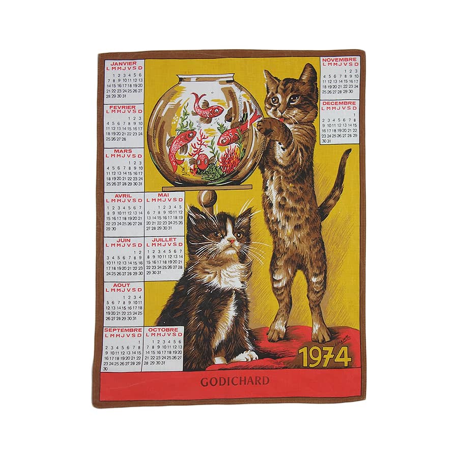 1974年 猫 ヴィンテージ ファブリック カレンダー 雑貨 タペストリー 布