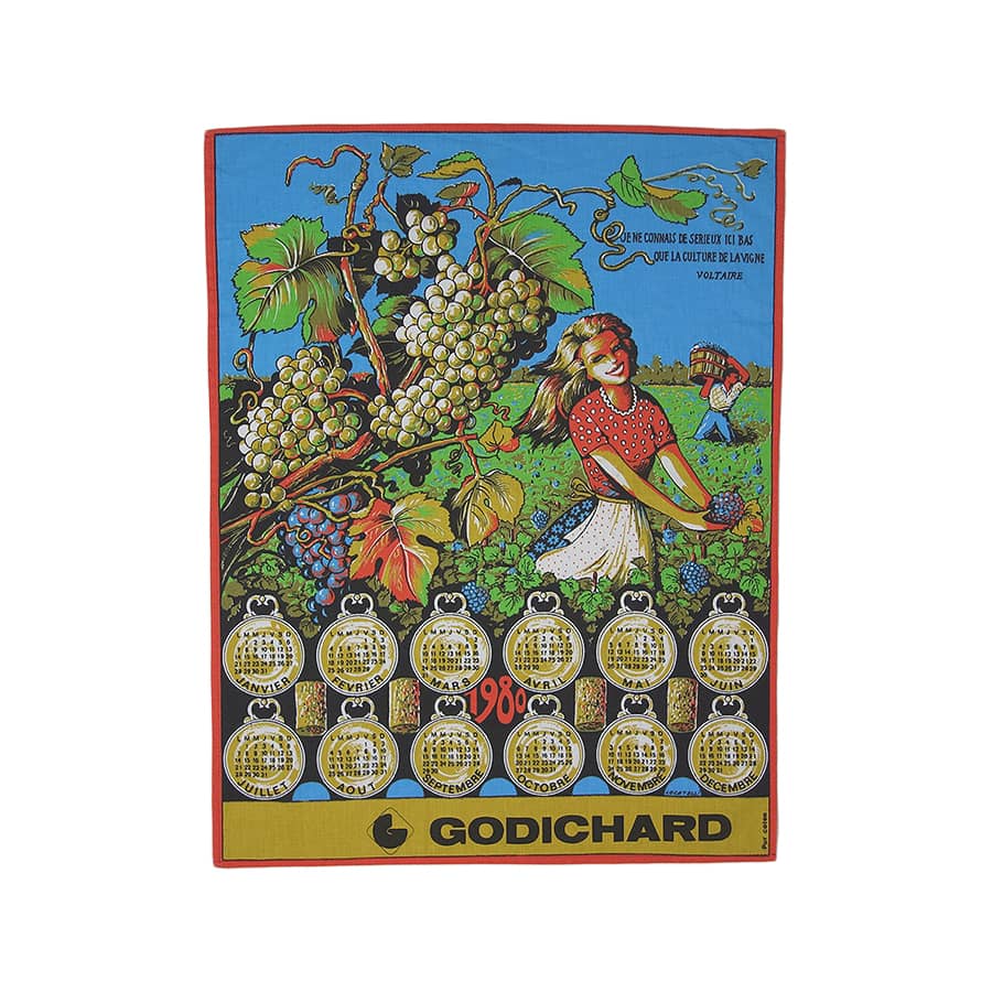 1980年 葡萄畑と娘 ヴィンテージ ファブリック カレンダー 雑貨 タペストリー 布