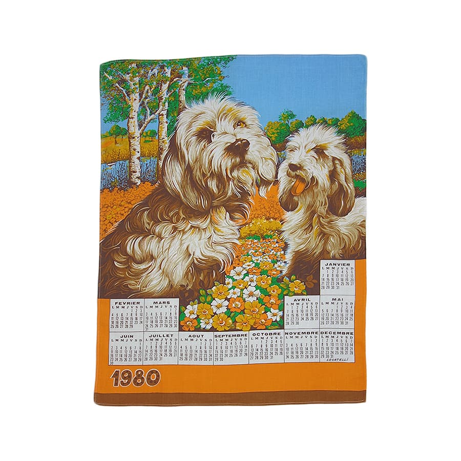 1980年 犬 ヴィンテージ ファブリック カレンダー 雑貨 タペストリー 布