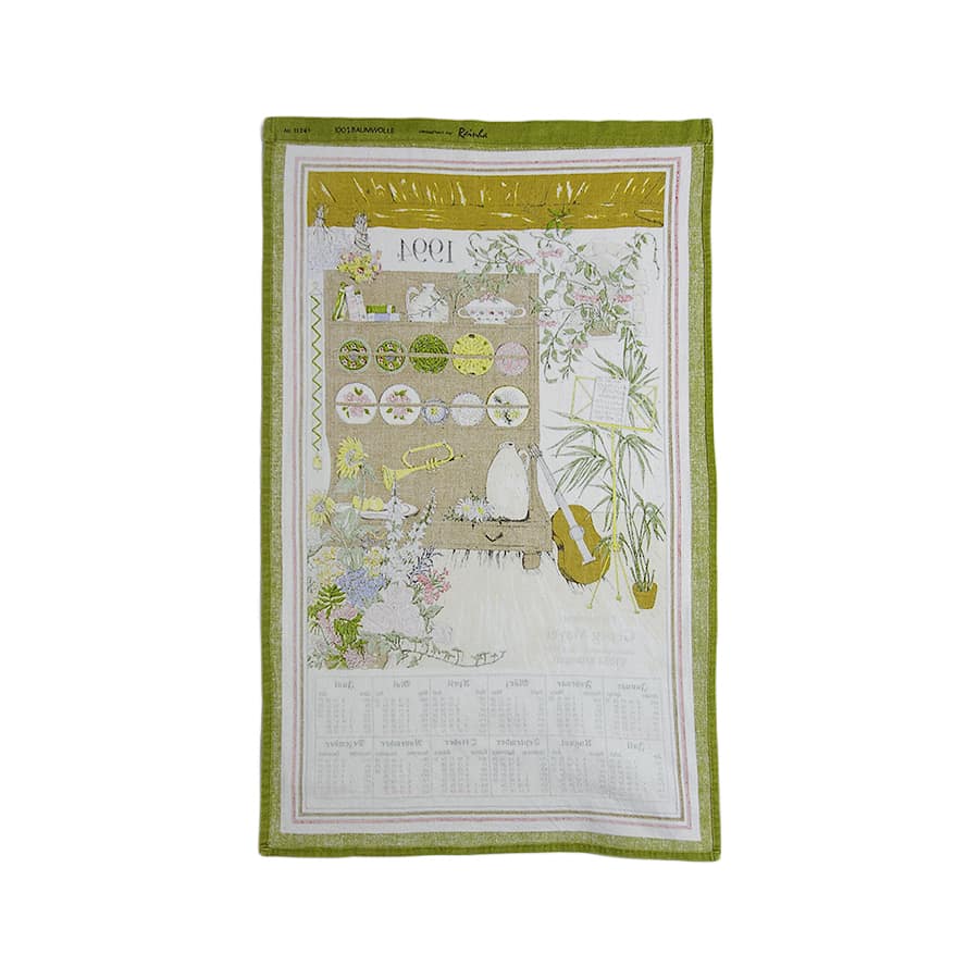 1994年 楽器 花 レトロ ファブリック カレンダー 雑貨 タペストリー 布