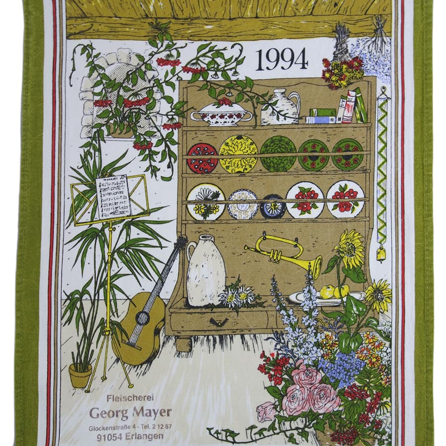 1994年 楽器 花 レトロ ファブリック カレンダー 雑貨 タペストリー 布