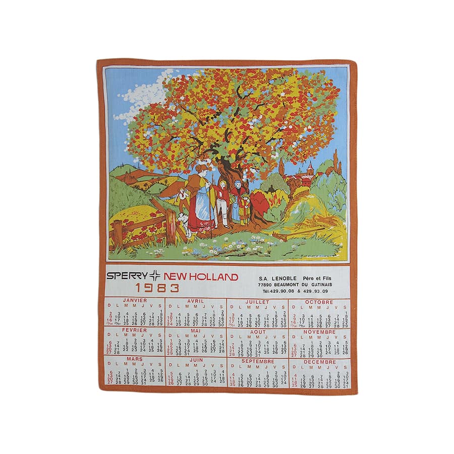 1983年 農婦 子供 ヴィンテージ ファブリック カレンダー 雑貨 タペストリー 布