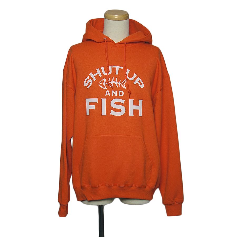 SHUT UP AND FISH 魚の骨 プリントパーカー 新品 JERZEES オレンジ