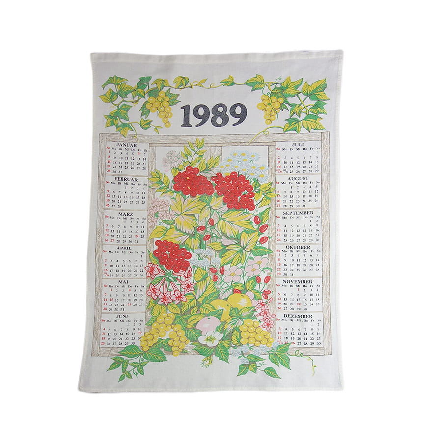 1989年 花 果実 ヴィンテージ ファブリック カレンダー 雑貨 タペストリー 布