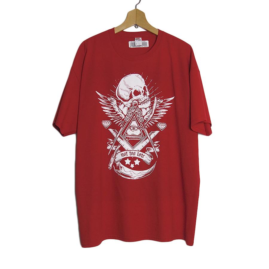 新品 FRUIT OF THE LOOM スカル プリントTシャツ 赤色 フリーメイソン 骸骨