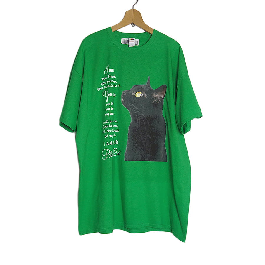新品 FRUIT OF THE LOOM 猫 プリントTシャツ 緑色 アニマル 2XL 大きい