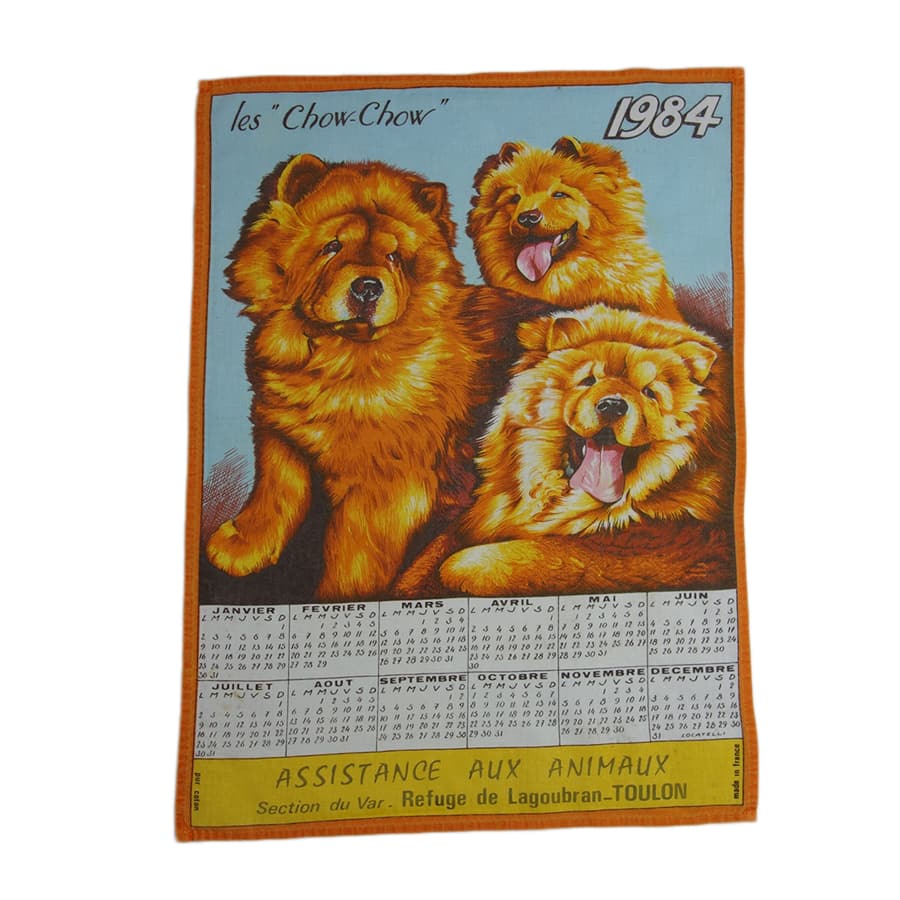 1984年 チャウチャウ 犬 ヴィンテージ ファブリック カレンダー 雑貨 布 フランス